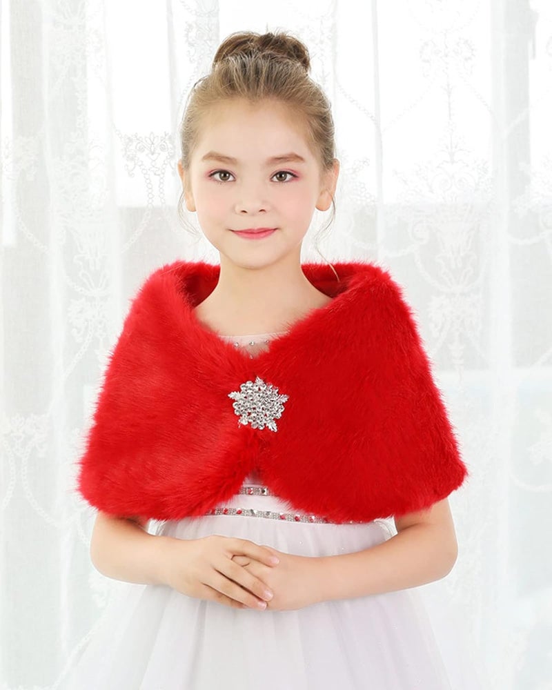 BXT Flower Girl Shawl Wrap, Kids Soft Red Faux Fur Princess Shoulder Cape for Wedding - Image 5